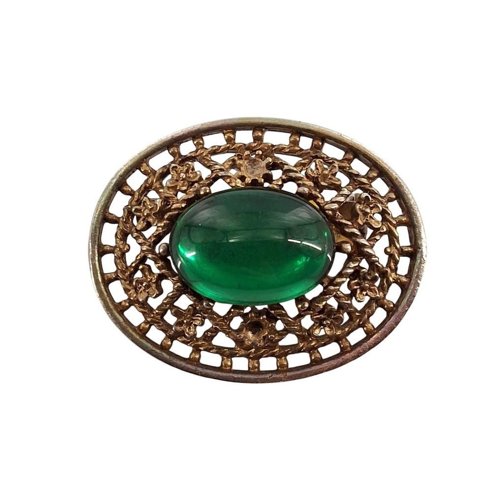 Vintage 1960s Gold Tone Green Cabochon Filigree Oval Brooch Pin 1.5"